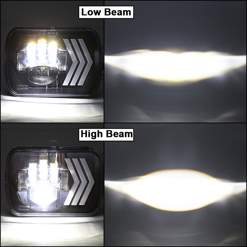 7x6 LED Headlights 55W Square 5x7 inch Headlights with White&Amber Arrow DRL Dynamic Sequential Turn Signal for Wrangler YJ XJ Toyota GMC Trucks H6054 H5054 H6054LL