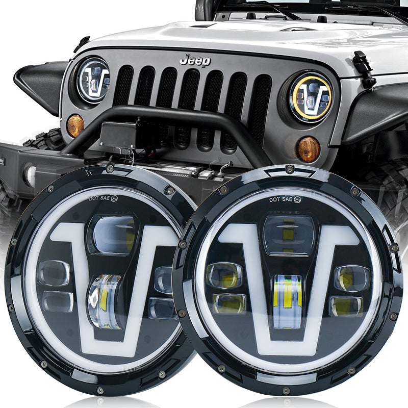 JK Headlights, MOVOTOR 7 inch LED Headlights with V Type White DRL Amber Halo Turn Signal Compatible with Jeep Wrangler JK JKU TJ LJ CJ Hummer H1 H2