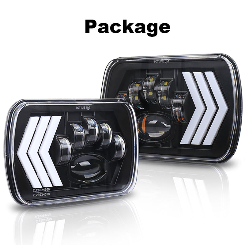 7x6 LED Headlights 55W Square 5x7 inch Headlights with White&Amber Arrow DRL Dynamic Sequential Turn Signal for Wrangler YJ XJ Toyota GMC Trucks H6054 H5054 H6054LL