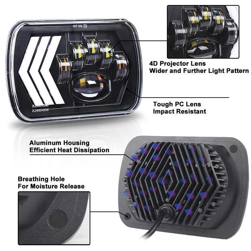 7x6 LED Headlights 55W Square 5x7 inch Headlights with White&Amber Arrow DRL Dynamic Sequential Turn Signal for Wrangler YJ XJ Toyota GMC Trucks H6054 H5054 H6054LL