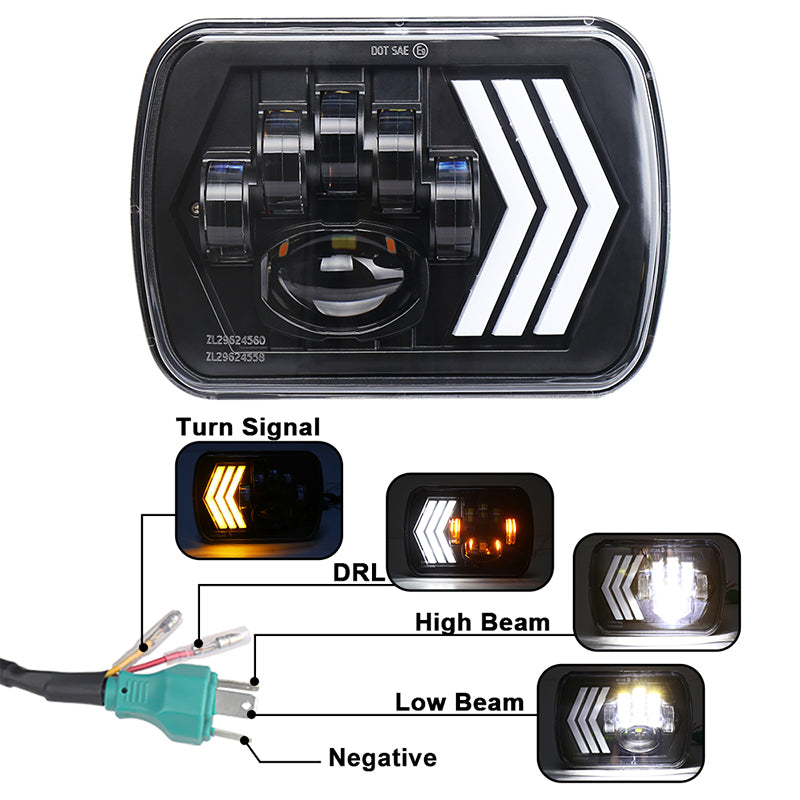 7x6 LED Headlights 55W Square 5x7 inch Headlights with White&Amber Arrow DRL Dynamic Sequential Turn Signal for Wrangler YJ XJ Toyota GMC Trucks H6054 H5054 H6054LL