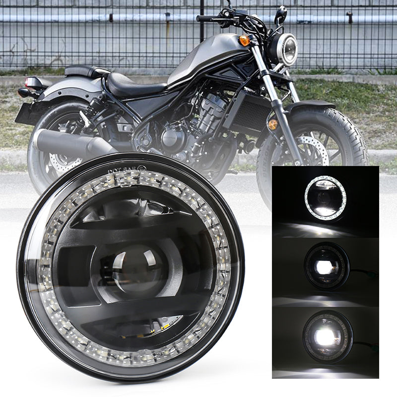 Rebel 500 LED Headlight 30W Motorcycle Headlight with Crystal White&Amber Halo DRL Hi/Low Beam Compatible with 2017-2020 Honda Rebel 250 500