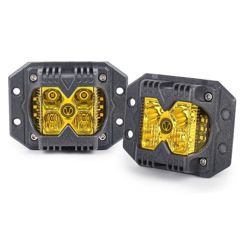 Flush Mount LED Pods, Waterproof IP68 Side Shooter Pods Yellow Lens with Amber Solid Strobe Separate Function 40W Spot Flood Driving Cube Lights for Truck ATV RZR UTV Jeep Ford SUV Toyota 4X4
