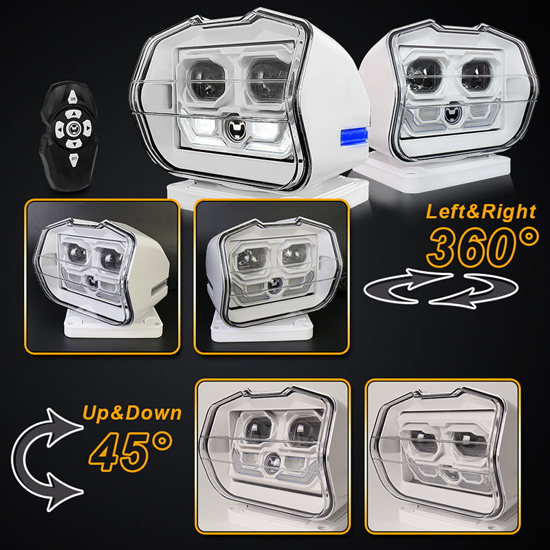 LED Search Light Wireless Remote Control 360°Rotating Automatic Search Spotlight with Strong Magnetic Base Permanent Mount for Boat Marine Truck Off Road SUV-White