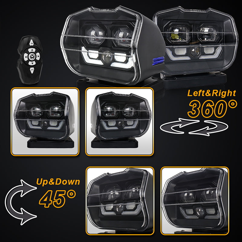 LED Search Light Wireless Remote Control 360° Rotating Searchlight with Strong Magnetic Base&Permanent Mount Automatic Search LED Truck Spot Light for Boat Marine SUV Farm Field