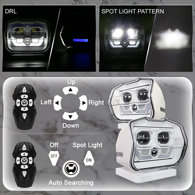 LED Search Light Wireless Remote Control 360°Rotating Automatic Search Spotlight with Strong Magnetic Base Permanent Mount for Boat Marine Truck Off Road SUV-White