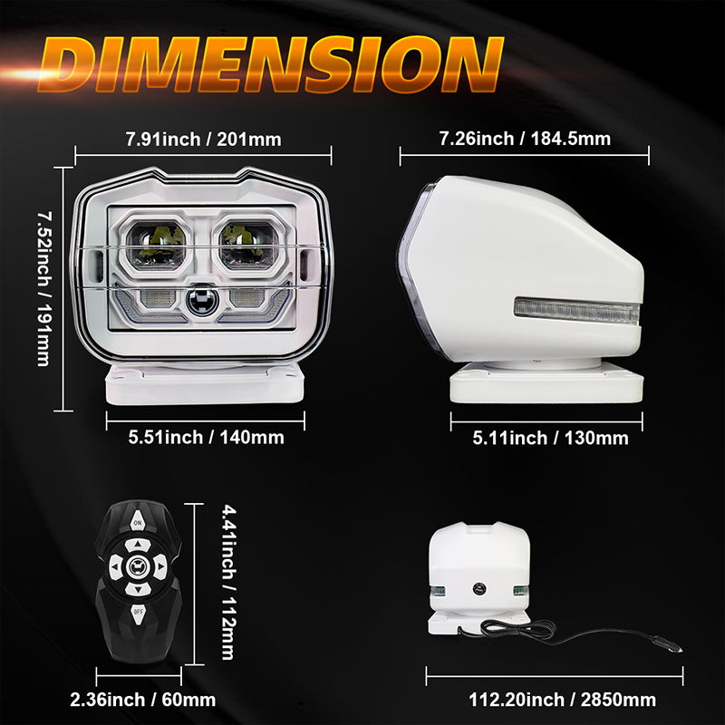 LED Search Light Wireless Remote Control 360°Rotating Automatic Search Spotlight with Strong Magnetic Base Permanent Mount for Boat Marine Truck Off Road SUV-White