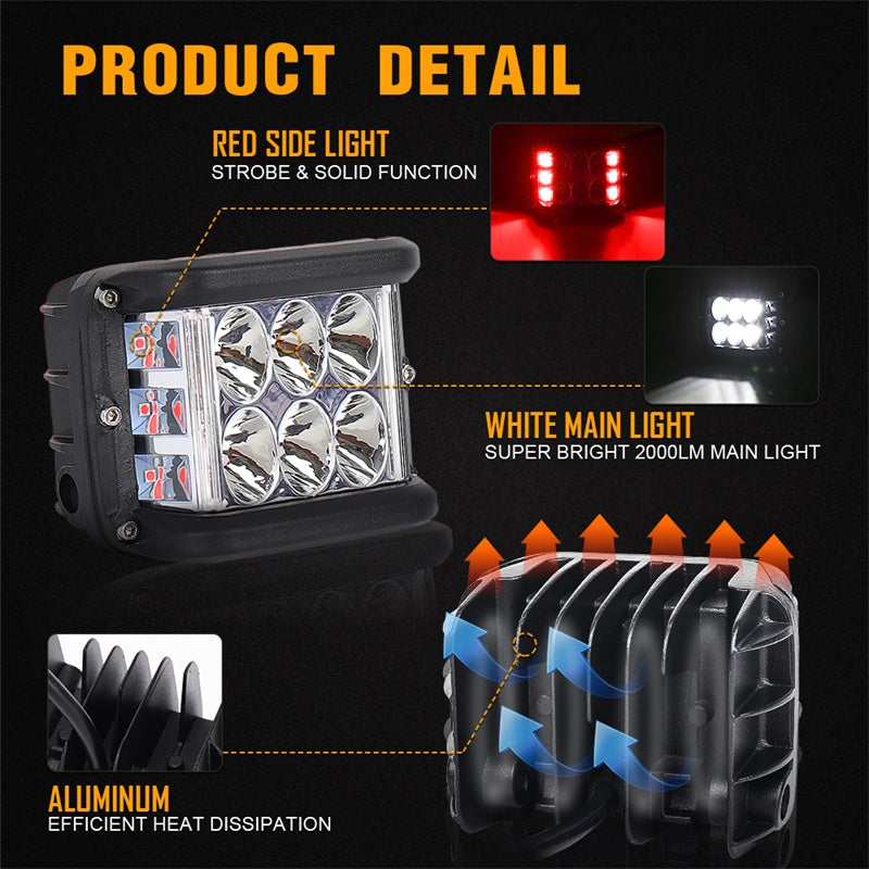 Dual Side Shooter LED Pod Lights, 4 inch LED Light Pods with DRL Red Solid&Strobe Off Road LED Driving Cube Lights for Tractor Plow Truck ATV UTV SUV 4x4 Boat