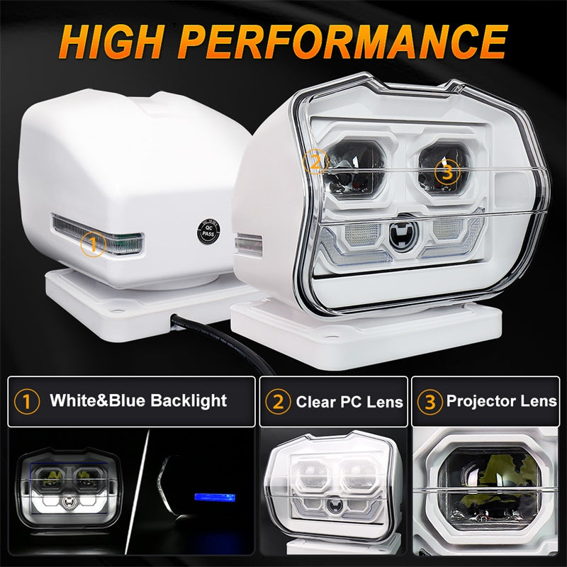 LED Search Light Wireless Remote Control 360°Rotating Automatic Search Spotlight with Strong Magnetic Base Permanent Mount for Boat Marine Truck Off Road SUV-White