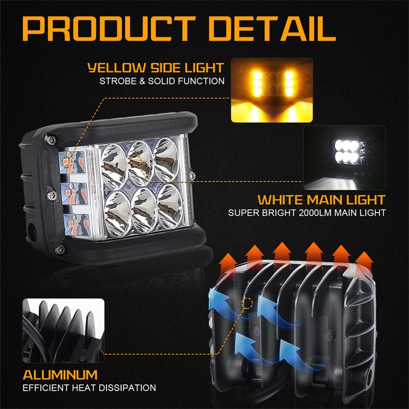 Side Shooter LED Pod Lights - 4 inch Off Road LED Light Pods with Dual Yellow Solid & Strobe Spot Beam - ATV UTV SUV 4x4 Boat