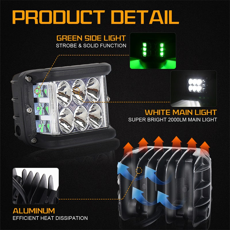 Dual Side Shooter LED Lights, 4 inch LED Pod Lights with Green DRL Solid&Strobe Off Road LED Driving Light Pods for Tractor Plow Truck ATV UTV SUV 4x4 Boat Motorcycle, 1818SG24