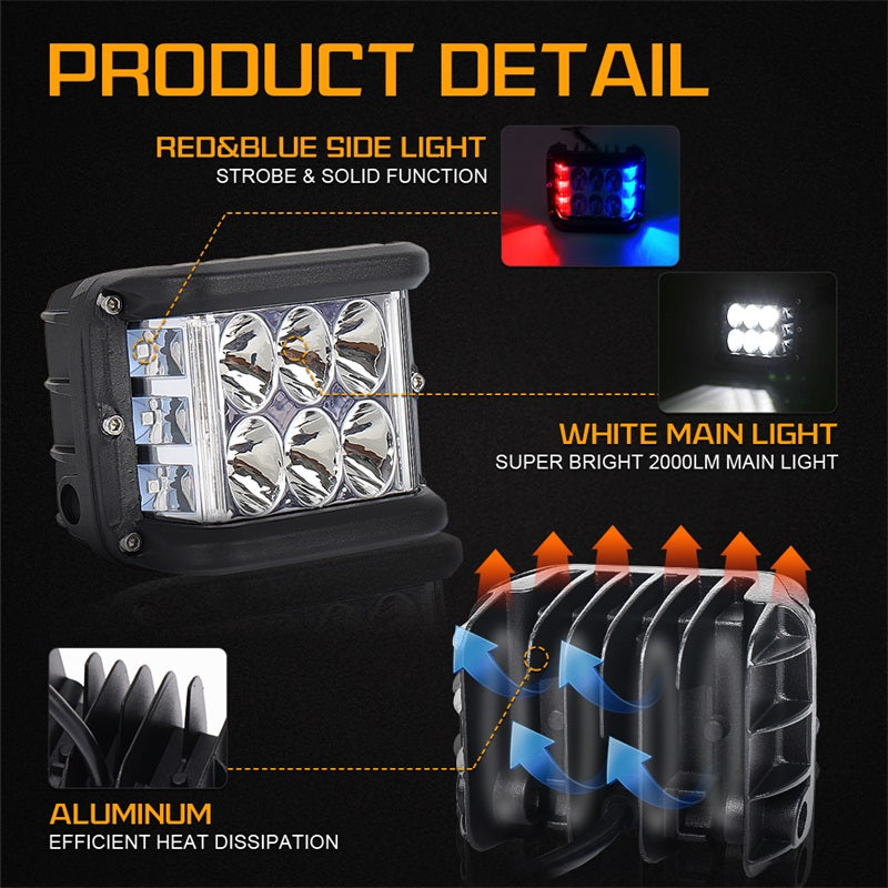 Side Shooter Dual LED Lights with Strobe Blue&Red Emergency Off Road Driving Lights for Tractor Plow Truck ATV UTV SUV 4x4 Boat Motorcycle
