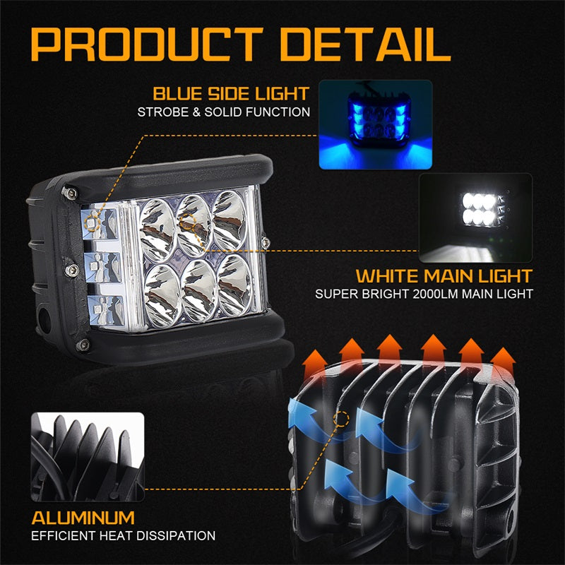 Blue Dual Side Shooter LED Pod Lights, 4 inch LED Light Pods with DRL Solid&Strobe Off Road LED Driving Cube Lights for Tractor Plow Truck ATV UTV SUV 4x4 Boat Motorcycle