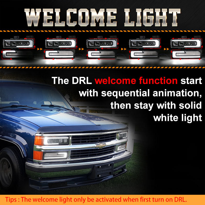 LED Headlight Assembly 500% Bright Anti-glare Headlights with Welcome DRL Turn Signal Compatible with 1988-1998 Chevy GMC C/K 1500 2500 3500 Suburban Silverado Tahoe Yukon