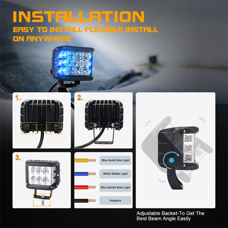 Blue Dual Side Shooter LED Pod Lights, 4 inch LED Light Pods with DRL Solid&Strobe Off Road LED Driving Cube Lights for Tractor Plow Truck ATV UTV SUV 4x4 Boat Motorcycle