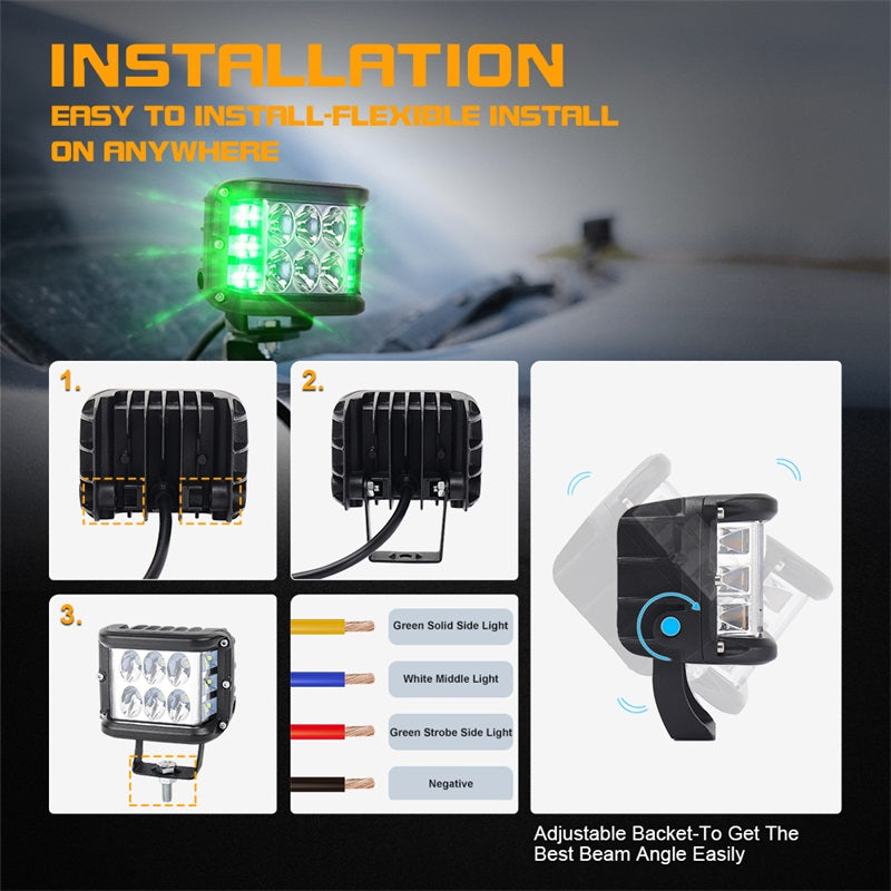 Dual Side Shooter LED Lights, 4 inch LED Pod Lights with Green DRL Solid&Strobe Off Road LED Driving Light Pods for Tractor Plow Truck ATV UTV SUV 4x4 Boat Motorcycle, 1818SG24