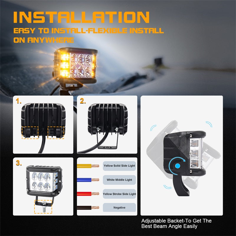 Side Shooter LED Pod Lights - 4 inch Off Road LED Light Pods with Dual Yellow Solid & Strobe Spot Beam - ATV UTV SUV 4x4 Boat