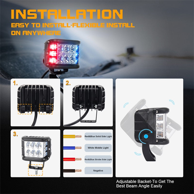 Side Shooter Dual LED Lights with Strobe Blue&Red Emergency Off Road Driving Lights for Tractor Plow Truck ATV UTV SUV 4x4 Boat Motorcycle