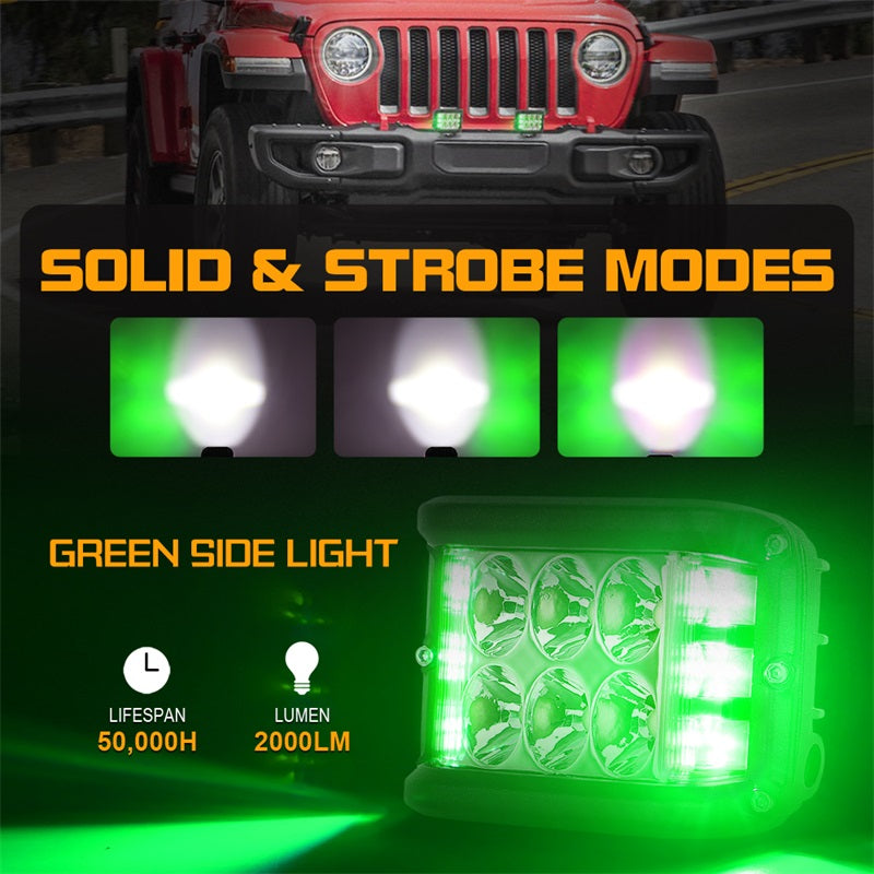 Dual Side Shooter LED Lights, 4 inch LED Pod Lights with Green DRL Solid&Strobe Off Road LED Driving Light Pods for Tractor Plow Truck ATV UTV SUV 4x4 Boat Motorcycle, 1818SG24