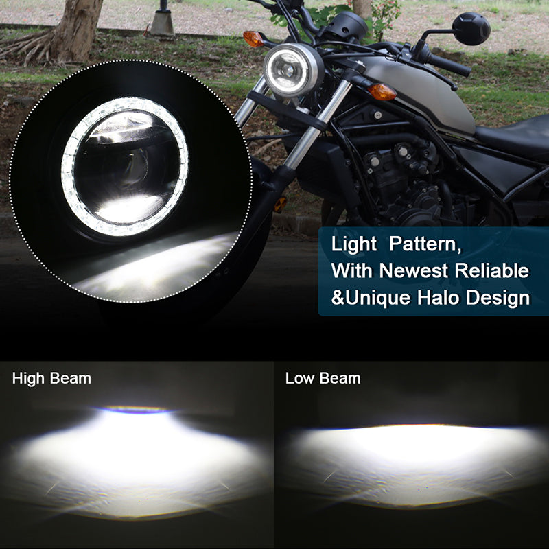 Rebel 500 LED Headlight 30W Motorcycle Headlight with Crystal White&Amber Halo DRL Hi/Low Beam Compatible with 2017-2020 Honda Rebel 250 500