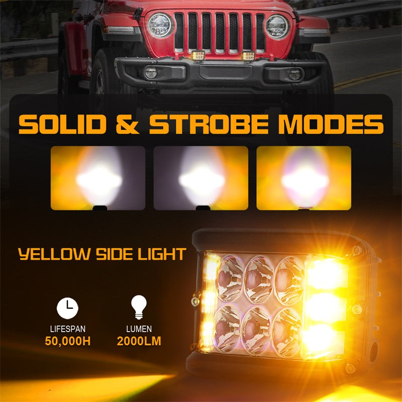 Side Shooter LED Pod Lights - 4 inch Off Road LED Light Pods with Dual Yellow Solid & Strobe Spot Beam - ATV UTV SUV 4x4 Boat