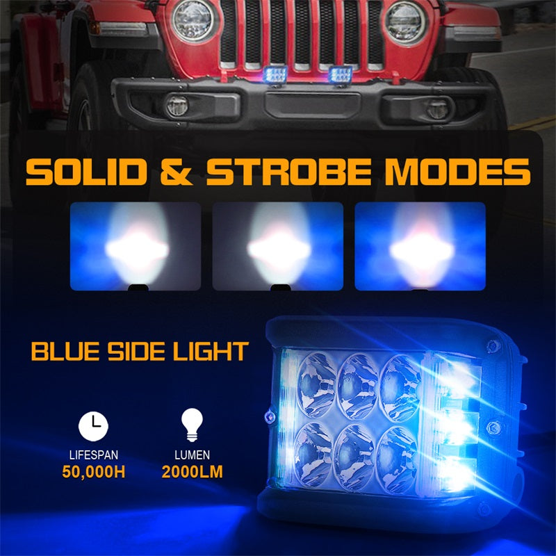 Blue Dual Side Shooter LED Pod Lights, 4 inch LED Light Pods with DRL Solid&Strobe Off Road LED Driving Cube Lights for Tractor Plow Truck ATV UTV SUV 4x4 Boat Motorcycle