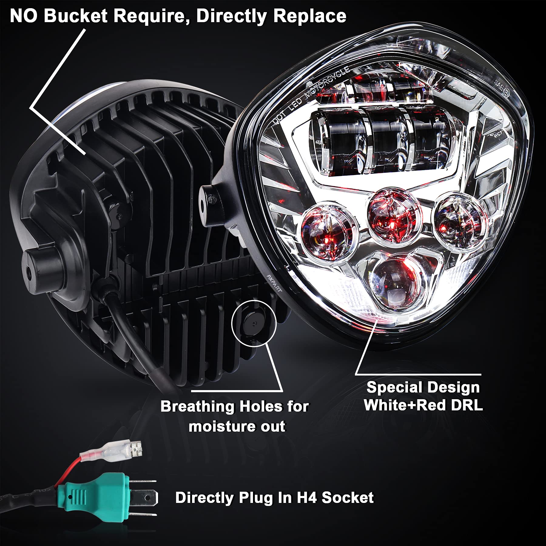 Motorcycle LED Headlight 7inch Hi Lo Beam White&Red DRL with Universal Motorcycle Mounts Bracket Compatible with Harley Honda Kawasaki Suzuki Yamaha
