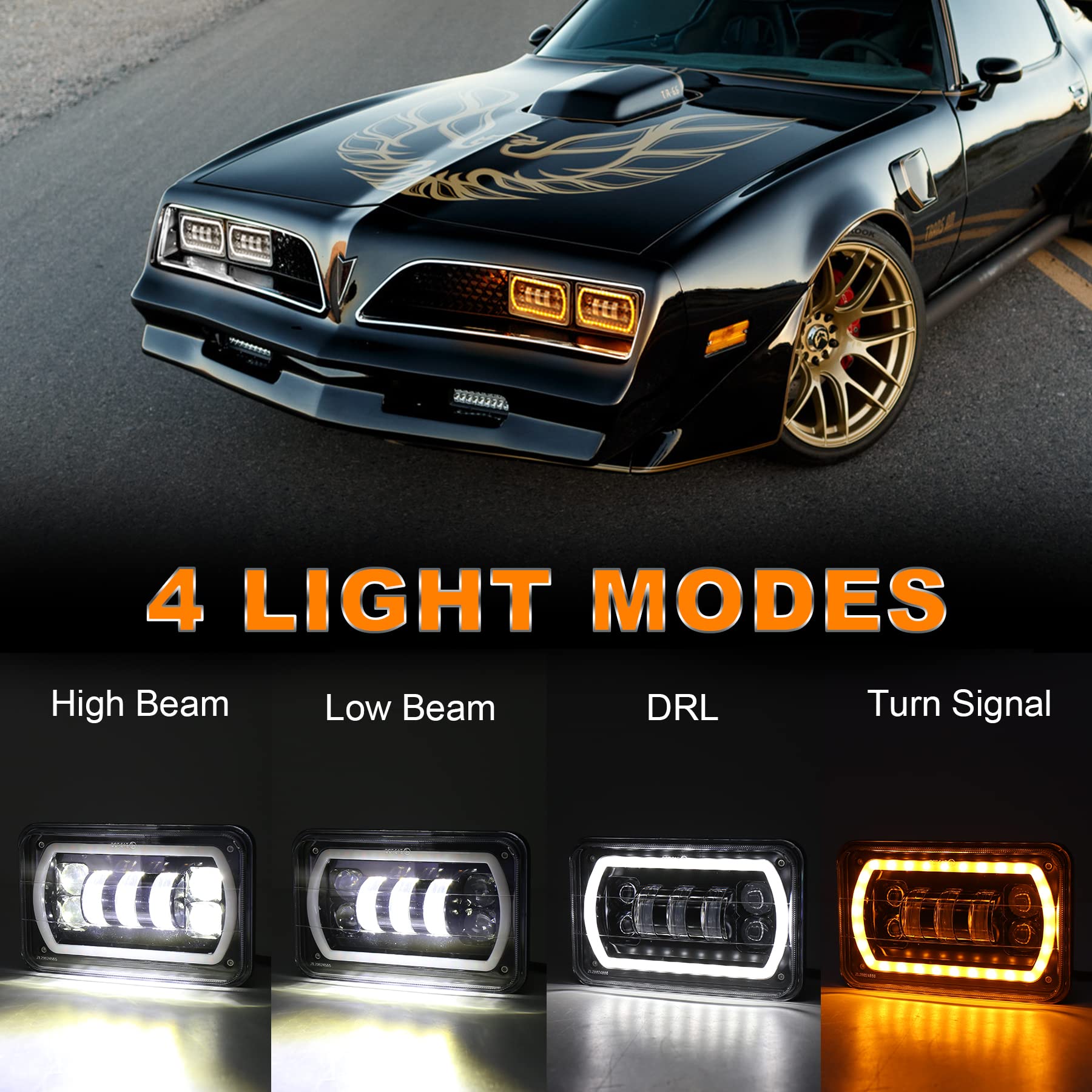 Off Road 4x6 Led Headlights with White/Yellow Halo Seal Beam H4651 H4656 H6545 H4668 Replacement Headlamp for Ford Kenworth Peterbilt Semi Truck