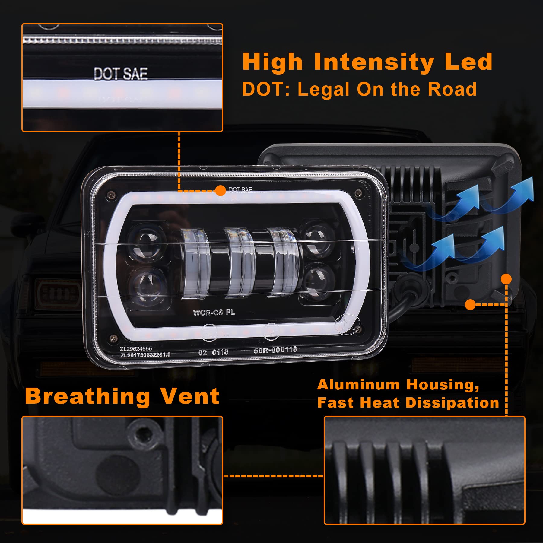 Off Road 4x6 Led Headlights with White/Yellow Halo Seal Beam H4651 H4656 H6545 H4668 Replacement Headlamp for Ford Kenworth Peterbilt Semi Truck