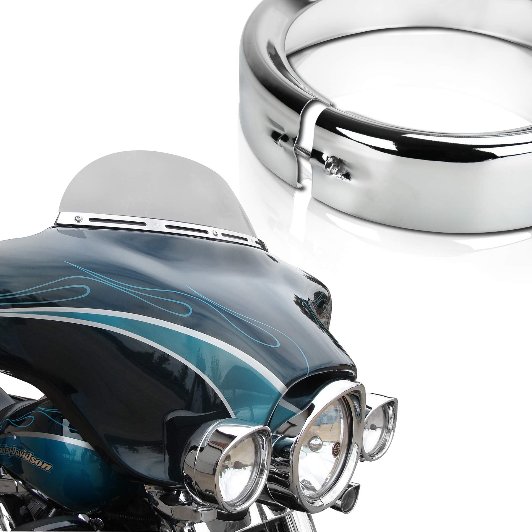 7inch Round Headlight Trim Ring Visor Compatible with Harley 94-14 FLHR Touring Electra Glide Motorcycle Chrome Pack of 1