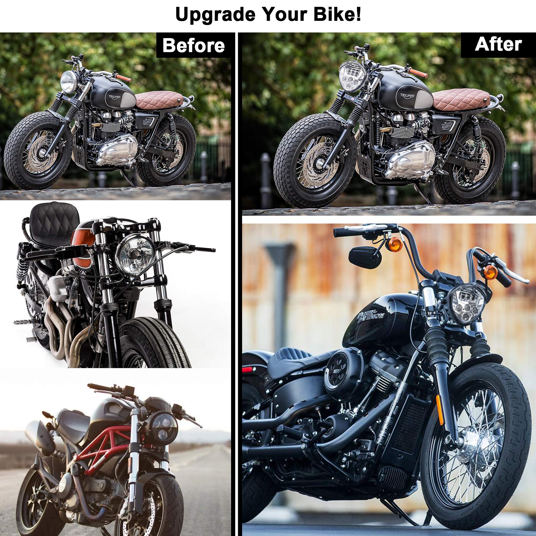 Motorcycle LED Headlight 7inch Hi Lo Beam White&Red DRL with Universal Motorcycle Mounts Bracket Compatible with Harley Honda Kawasaki Suzuki Yamaha