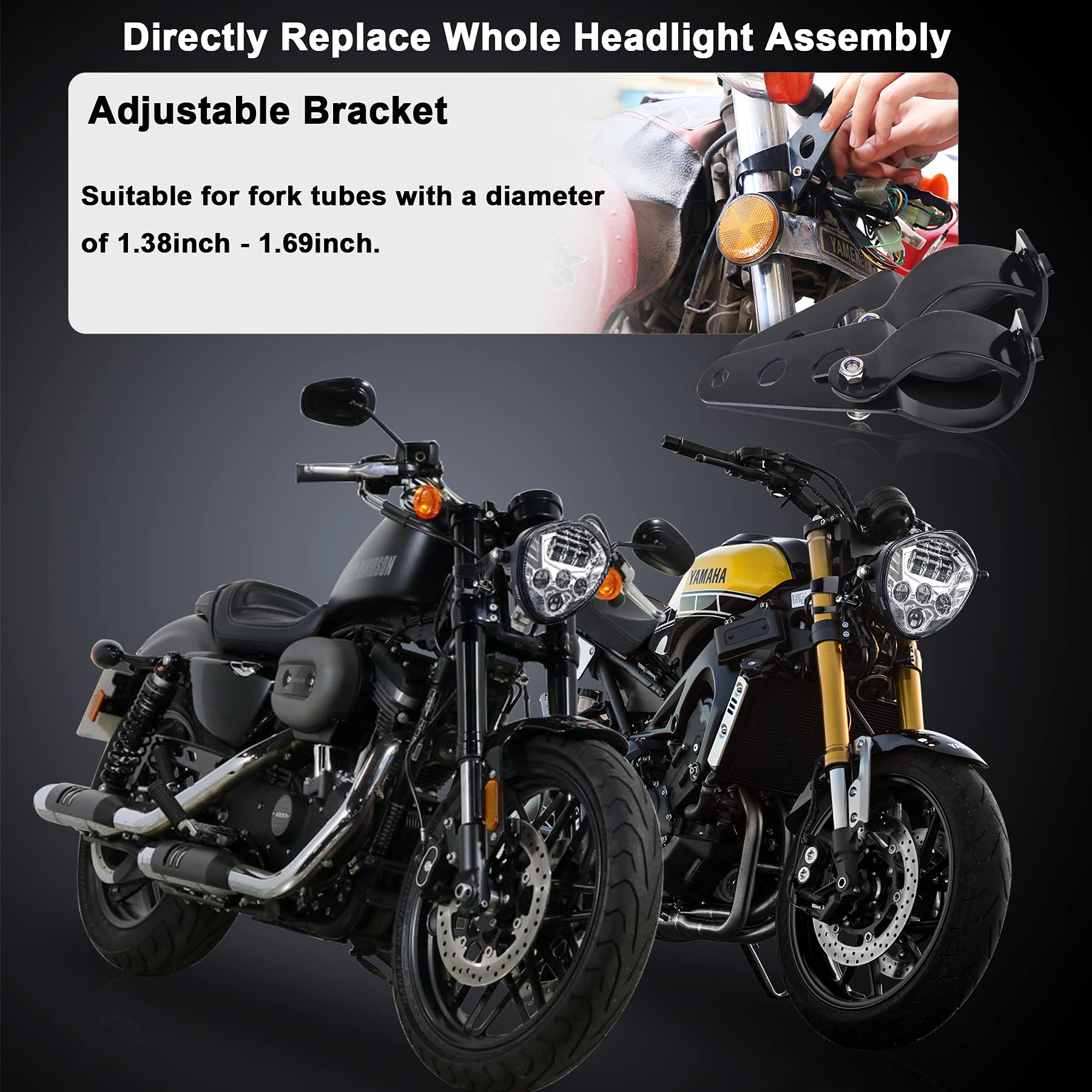 Motorcycle LED Headlight 7inch Hi Lo Beam White&Red DRL with Universal Motorcycle Mounts Bracket Compatible with Harley Honda Kawasaki Suzuki Yamaha