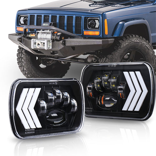 7x6 LED Headlights 55W Square 5x7 inch Headlights with White&Amber Arrow DRL Dynamic Sequential Turn Signal for Wrangler YJ XJ Toyota GMC Trucks H6054 H5054 H6054LL