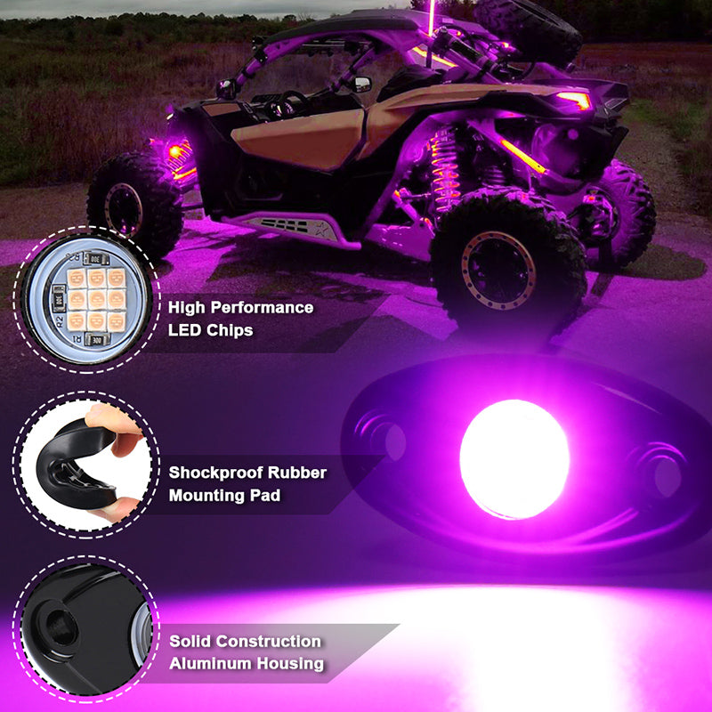 LED Rock Lights, 4 Pods Purple Pink LED Neon Underglow Light Kits Waterproof IP68 Rock Light kit Compatible with Jeep Off Road ATV SUV Trucks Cars Motorcycle