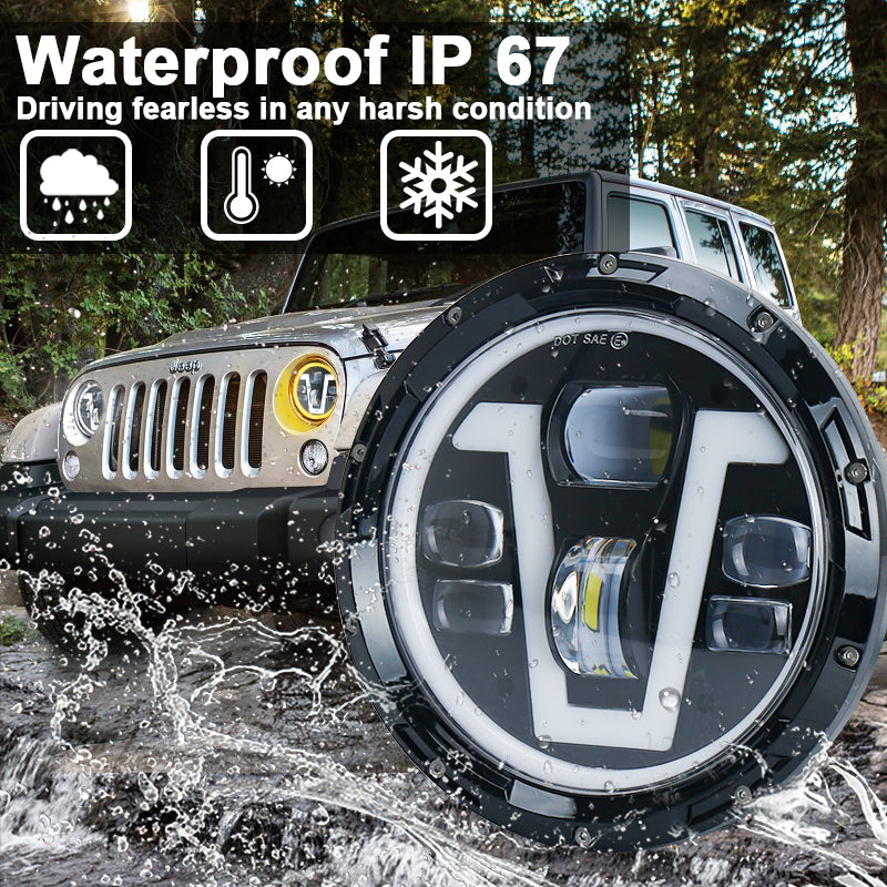 JK Headlights, MOVOTOR 7 inch LED Headlights with V Type White DRL Amber Halo Turn Signal Compatible with Jeep Wrangler JK JKU TJ LJ CJ Hummer H1 H2