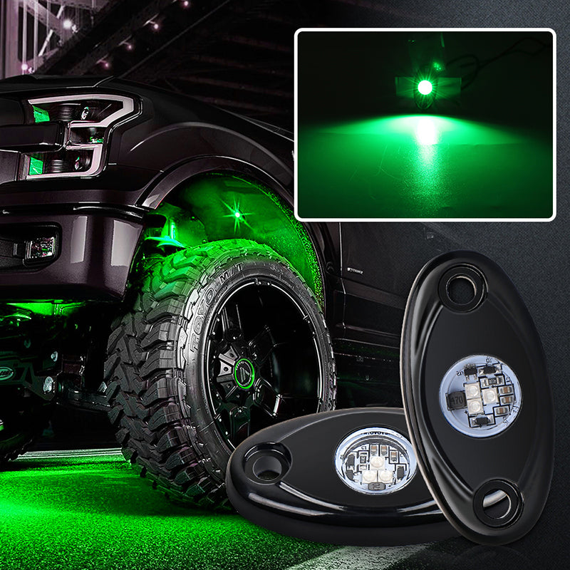 2 Pods LED Rock Lights, Green Off Road Rock Lights Waterproof IP68 Underglow Light Kit Compatible with Truck Pickups Cars ATV UTV SUV Motorcycle Boat