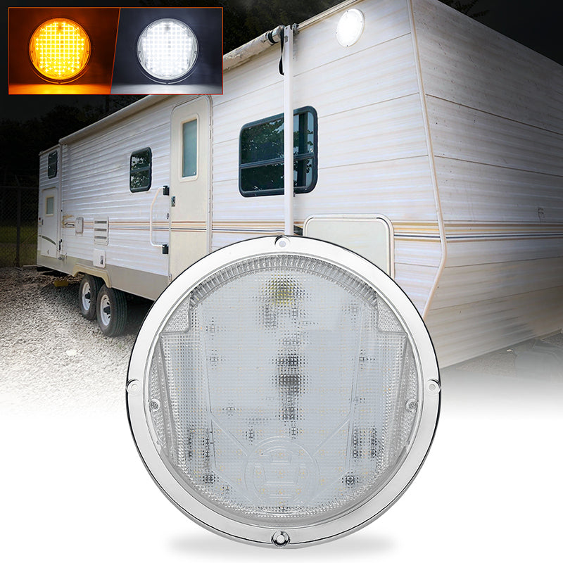 LED RV Exterior Light,8.5 Inch Round Scare Porch Light with 100pcs Dual Color Leds Flood Awning Light Replacement kit Surface Mount Fixture for RV Trailer Fifth Wheel Camper Bus