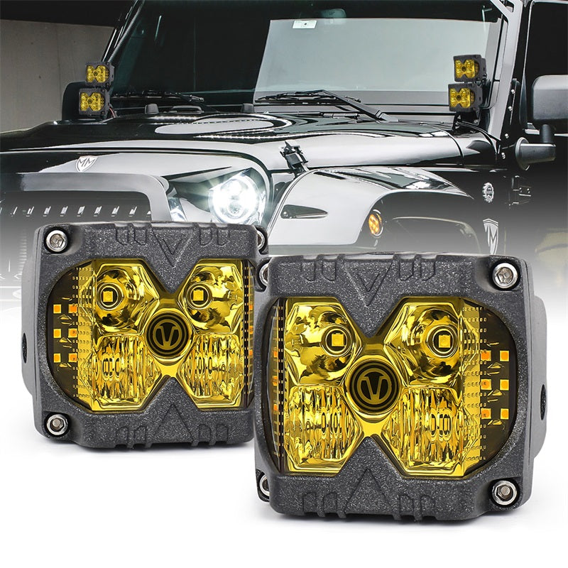 Amber LED Pods, Waterproof IP68 Yellow Lens Cube Offroad Lights Driving Fog Lights Separate Solid/Strobe Side Shooter Lights Compitable with Truck Jeep Trailer ATV SUV UTV 4x4