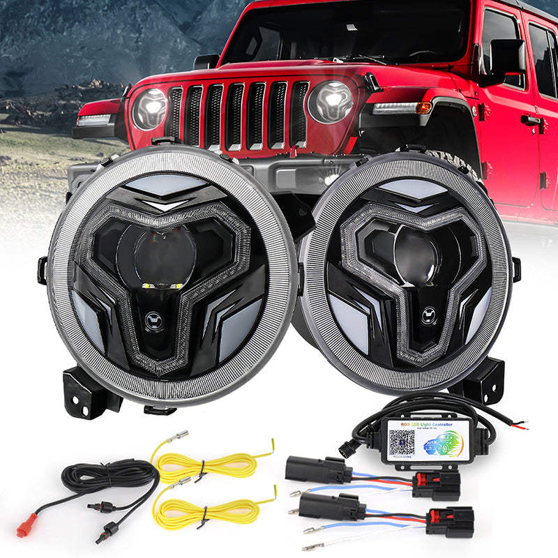 JL Headlights, 9 inch RGB Headlights with Multi-Function Halo White DRL for Jeep Wrangler JL Sahara Rubicon 2018-2023 Gladiator JT