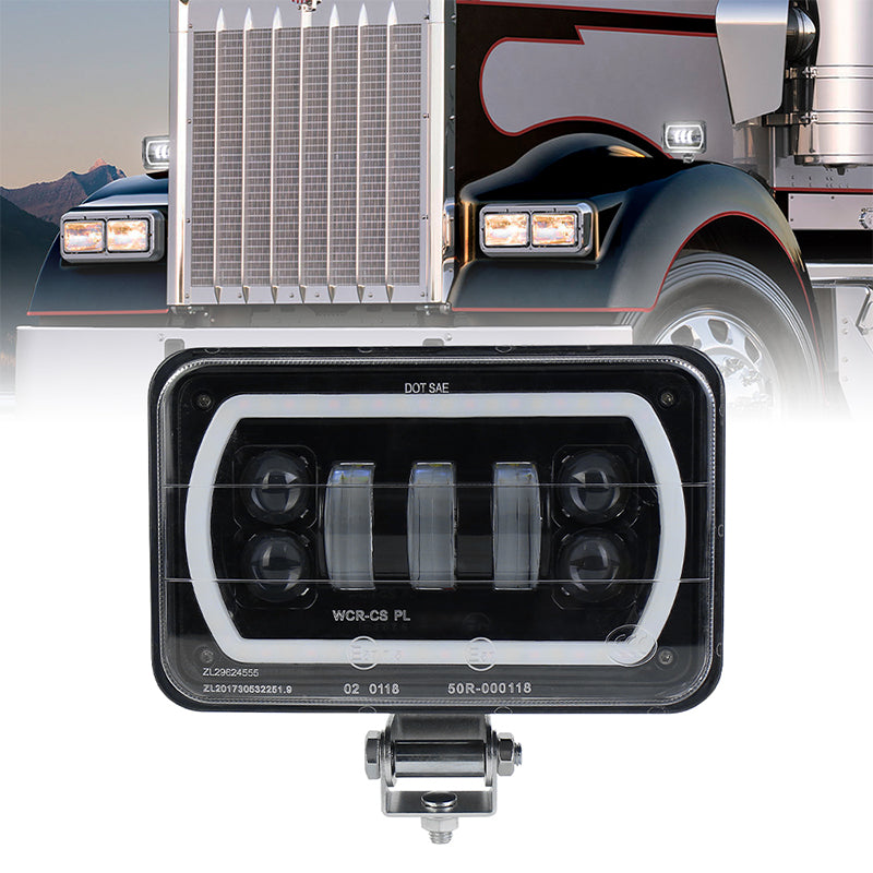 4x6'' LED Headlight with Mounting Bracket Hi/Lo Beam White&Amber Halo Off Road LED Driving Fog Light for Semi Truck Tractor Agriculture Engineering Vehicles ATV UTV Pack of 1