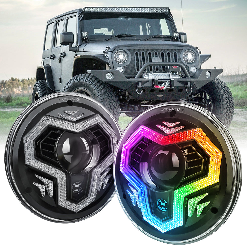 7 Inch RGB Headlights, 1000% Bright Multi-Color Halo Headlight Kit with Turn Signal High/Low Beam Compatible with Jeep Wrangler JK TJ LJ CJ Mazda Miata Chevy Hummer