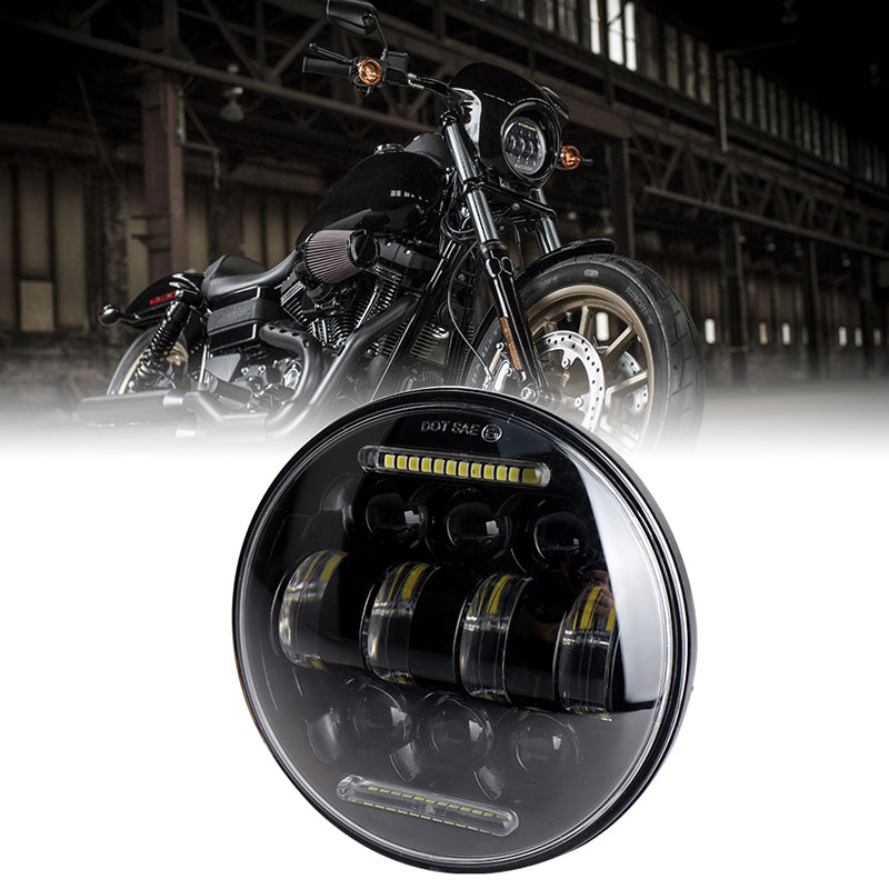 5.75inch 5 3/4” LED Headlight with White Halo DRL 66W Motorcycle Driving Headlight Replacement for Harley Davidson Dyna Sportster Iron 883 Low Rider Street Bob Softail Black