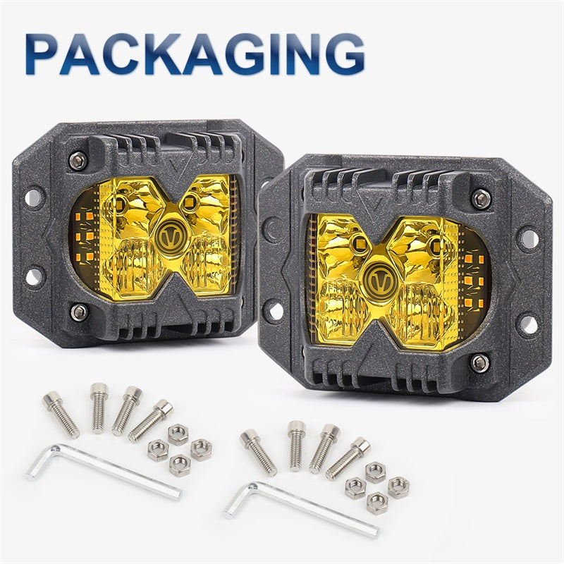Flush Mount LED Pods, Waterproof IP68 Side Shooter Pods Yellow Lens with Amber Solid Strobe Separate Function 40W Spot Flood Driving Cube Lights for Truck ATV RZR UTV Jeep Ford SUV Toyota 4X4