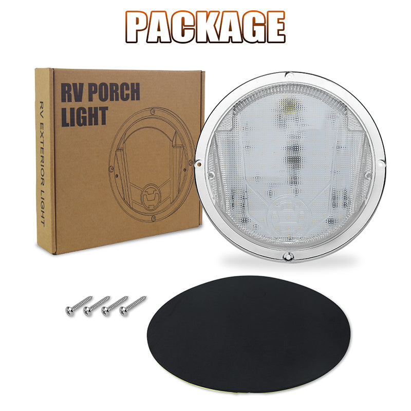 LED RV Exterior Light,8.5 Inch Round Scare Porch Light with 100pcs Dual Color Leds Flood Awning Light Replacement kit Surface Mount Fixture for RV Trailer Fifth Wheel Camper Bus