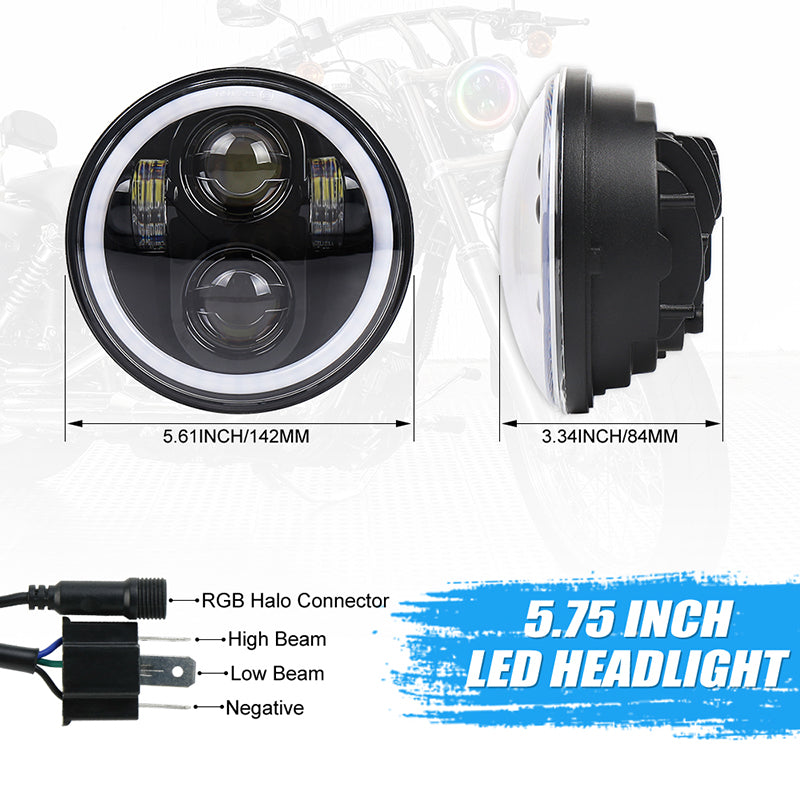 5.75inch RGB Headlight 5 3/4'' Led Headlight with White RGB Halo Bluetooth Remote Control Music Mode 40W H/L Beam for Harley Sportster Dyna