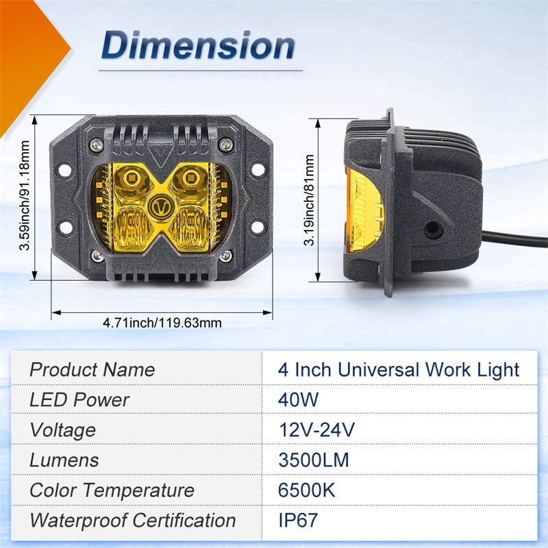 Flush Mount LED Pods, Waterproof IP68 Side Shooter Pods Yellow Lens with Amber Solid Strobe Separate Function 40W Spot Flood Driving Cube Lights for Truck ATV RZR UTV Jeep Ford SUV Toyota 4X4
