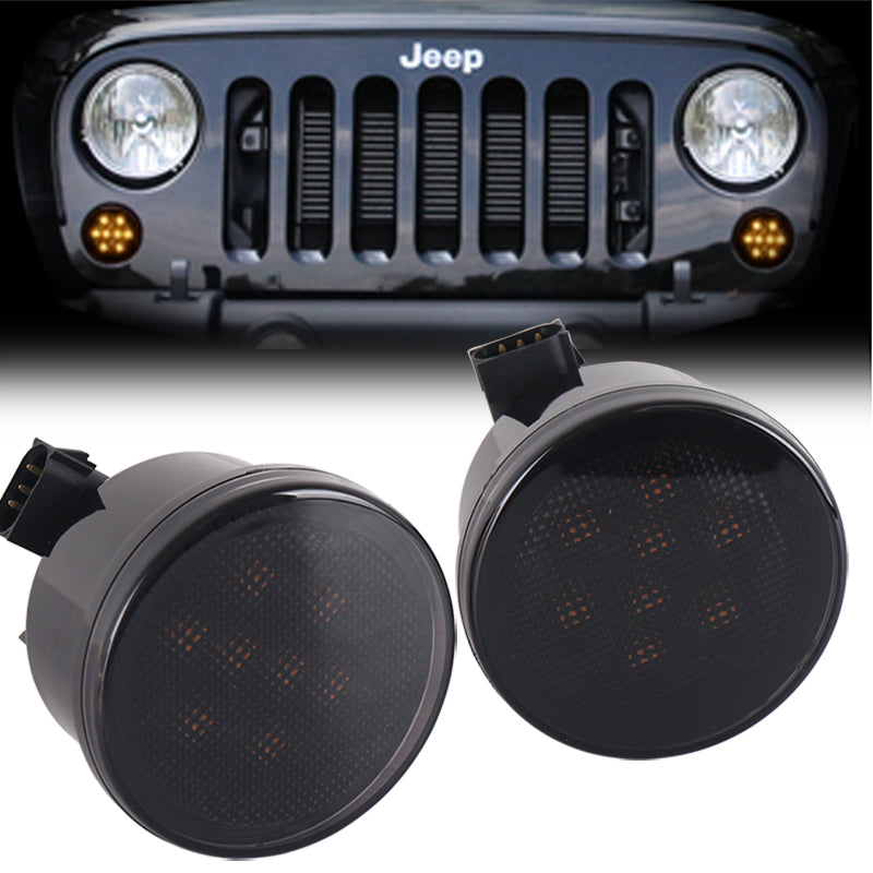 JK Turn Signal Lights Smoke Lens Amber LED Front Grill Indicator Parking Lights for Jeep Wrangler JK JKU 2007-2017