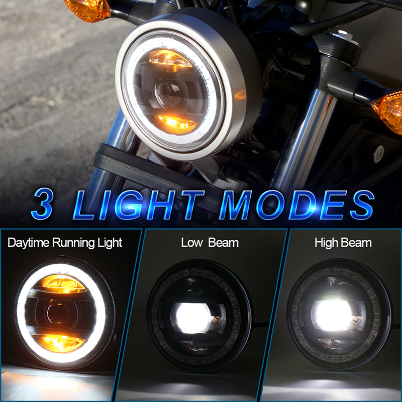5 3/4 LED Headlight, DOT Approved 5.75 inch Motorcycle Headlight with White&Yellow DRL Crystal Halo Compatible with Harley Davidson Sportster Dyna Street Bob 883 Low Rider Night Rod