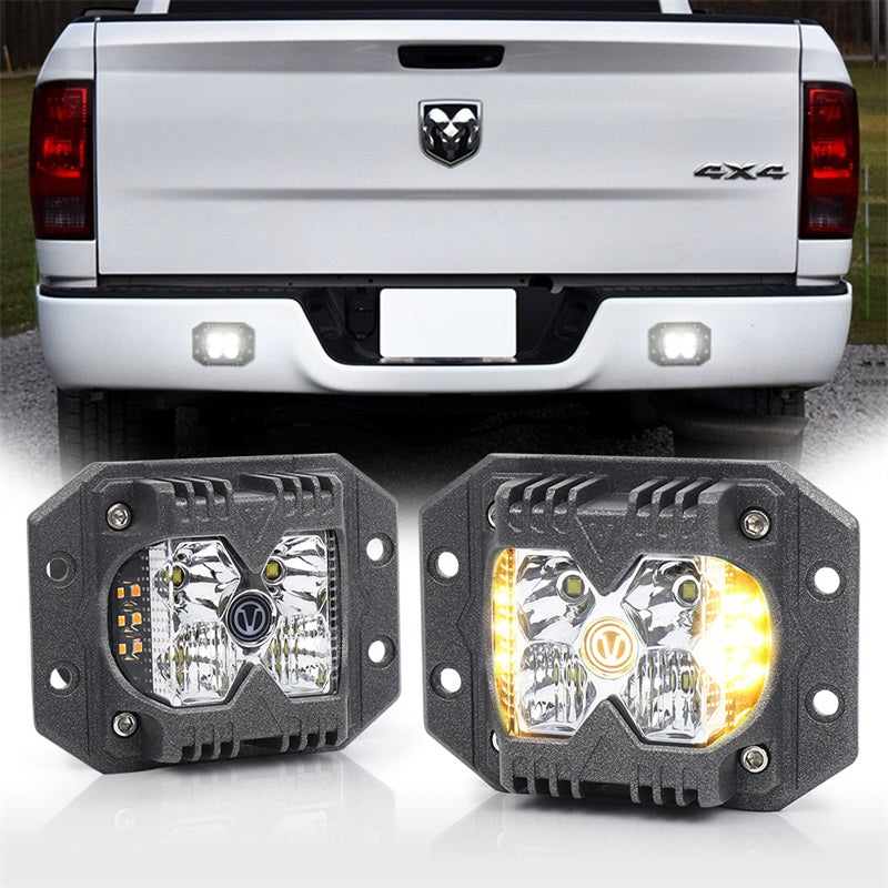 Flush Mount LED Pods, Combo Offroad Driving Lights With Separate Amber Solid/Strobe Side Shooters, Backup Reverse Cube Working Light for Truck Jeep ATV SUV 4x4