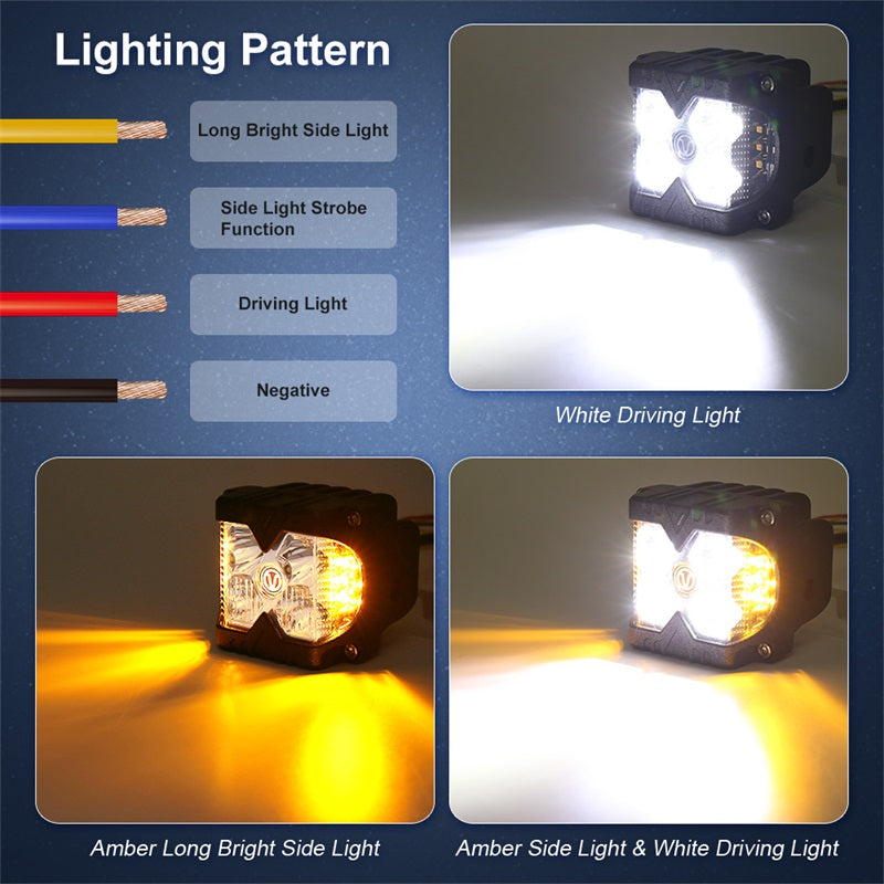 Side Shooter Led Lights, IP68 Waterproof LED Pods with Separate Solid & Strobe Amber Dual Side Cube Driving Lights Compatible with Truck Jeep Motorcycle ATV SUV 4x4